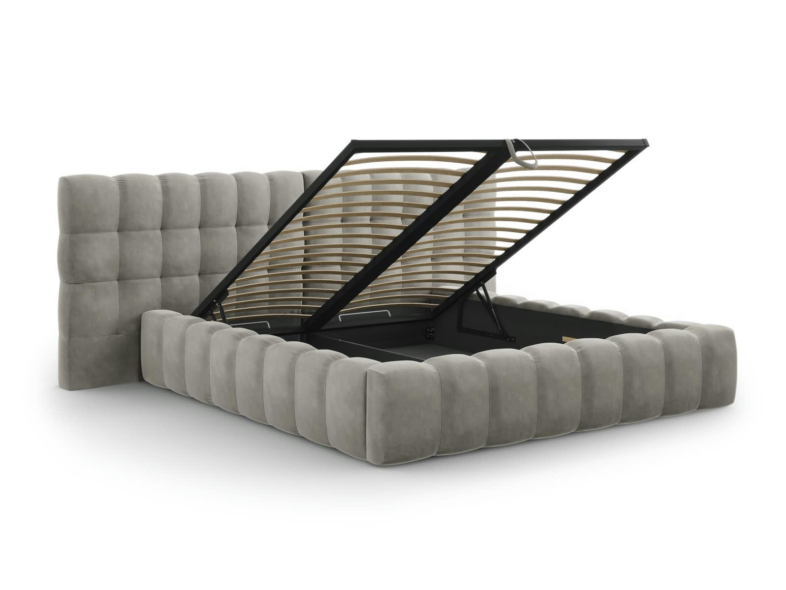 MAMAIA - Lit coffre en avec tête de lit double 180x200cm velours gris clair