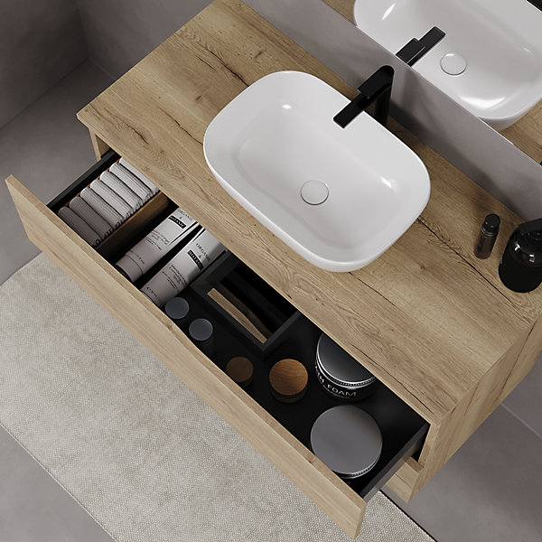 Meuble de salle de bain 100cm avec plateau et vasque à poser zeus - 2 tiroirs - sans miroir - madera miel (chêne clair) - LUNA