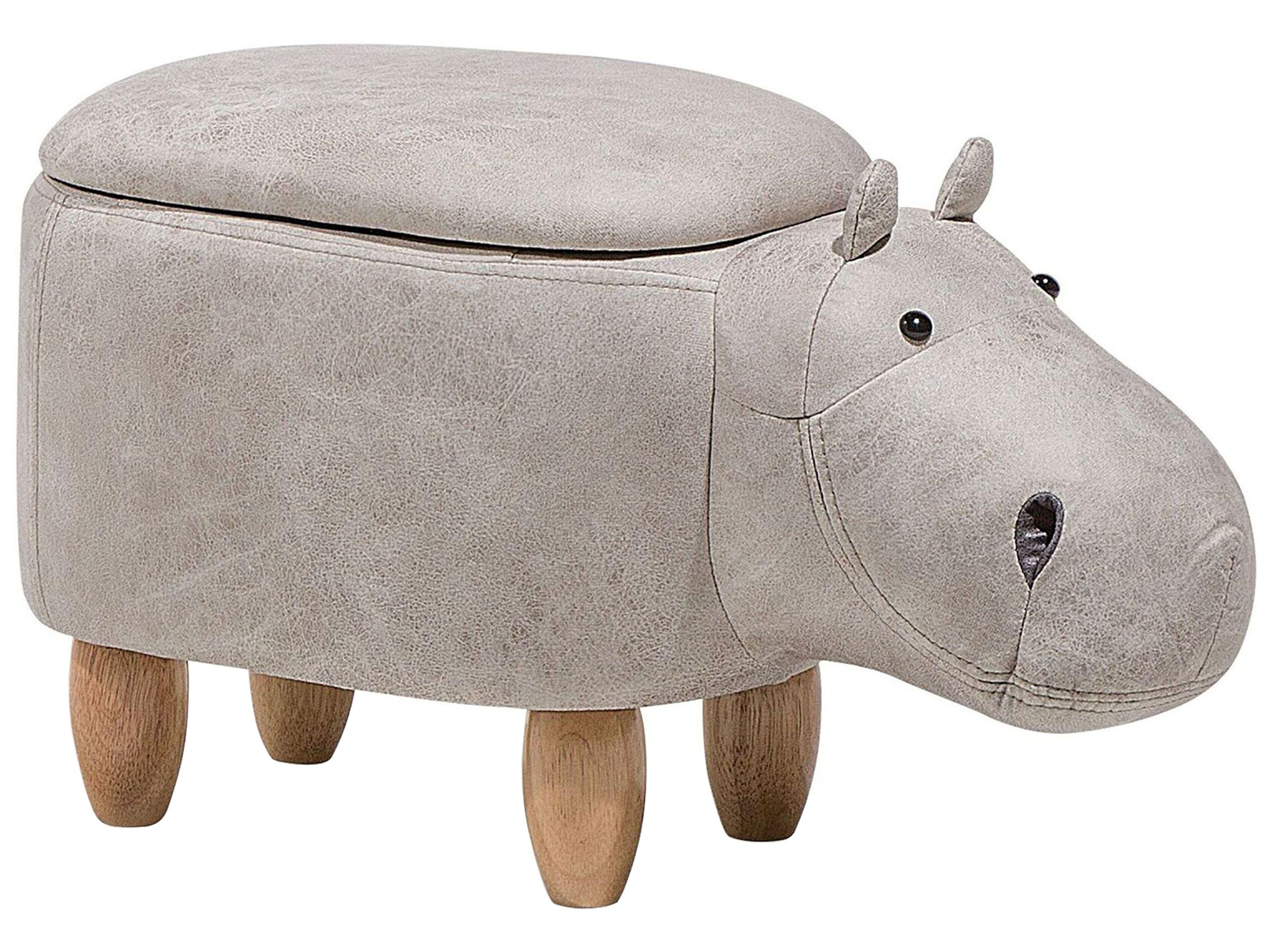 Storage Animal Stool HIPPO Faux Leather Light Grey Hippo