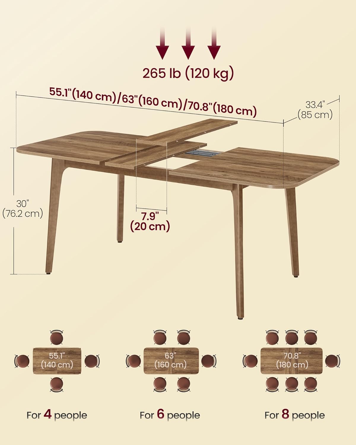 VASAGLE MAEZO Collection - Extendable Dining Table for 4/6/8, Kitchen Table with Tapered Legs, Curved Transitions, for Dining Room, Kitchen, Home Office, Honey Brown UKDT090K01V1