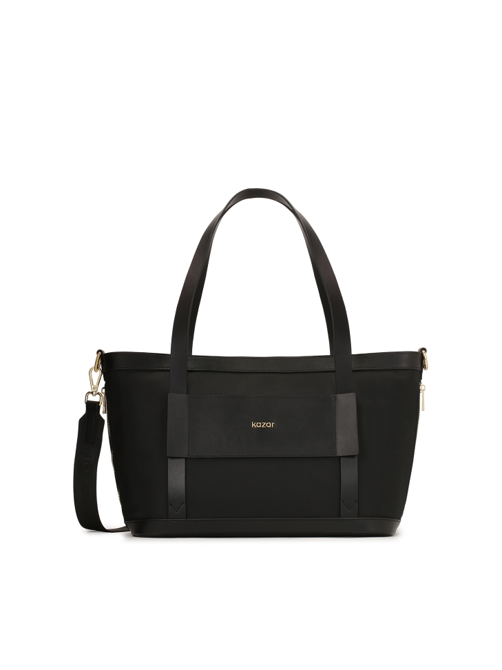 Handbag in fabric and leather with handles and strap