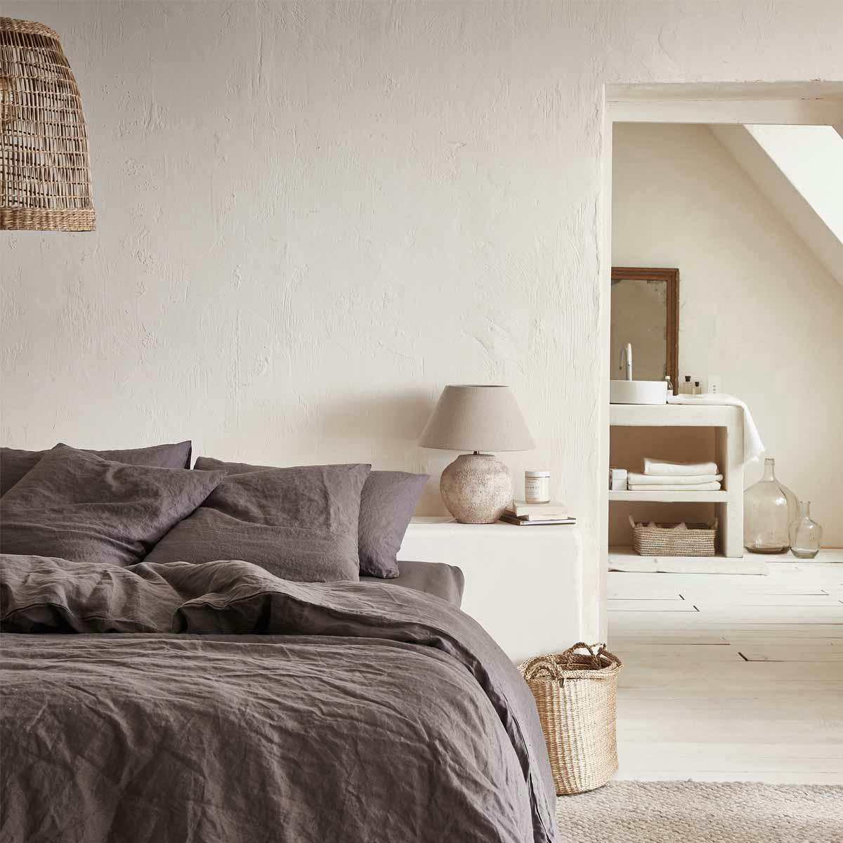 BASALTE - Drap housse uni en lin gris 180x200