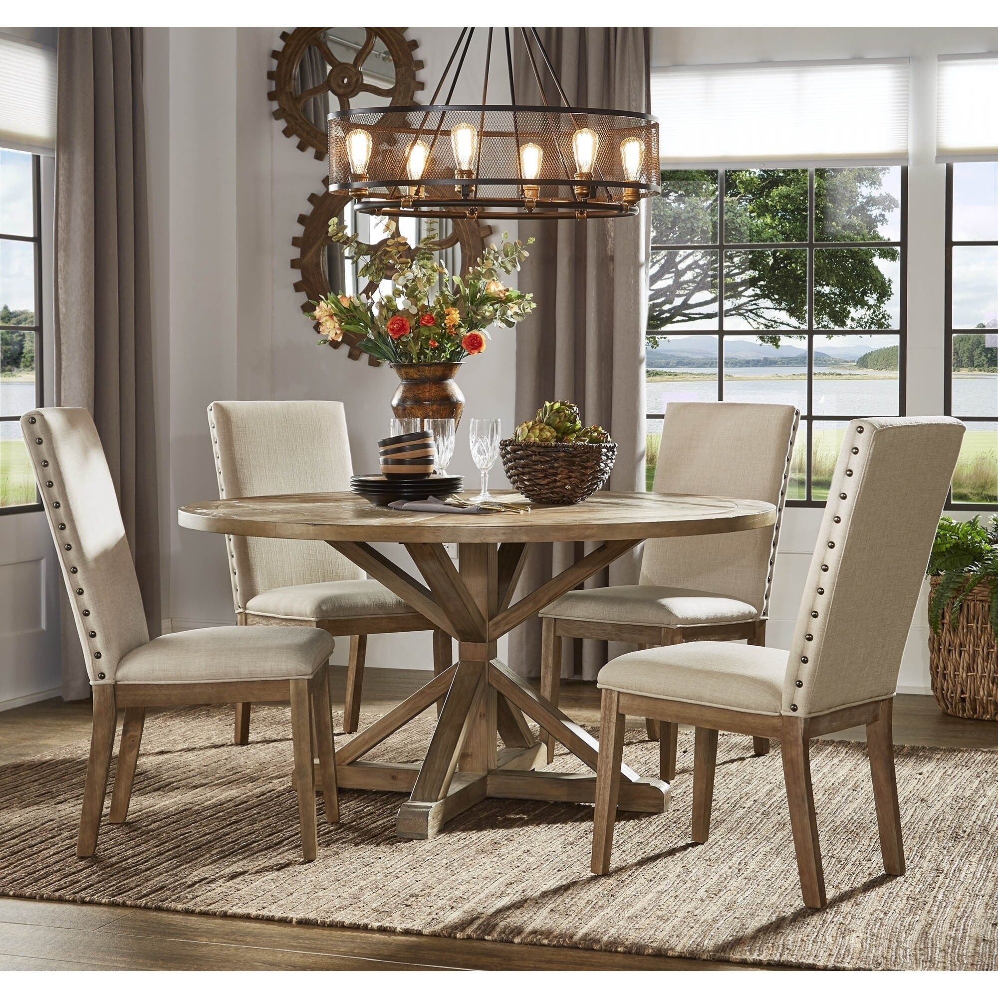 Benchwright Rustic X-Base Round Pine Wood Dining Set with Nail Head Chairs by iNSPIRE Q Artisan