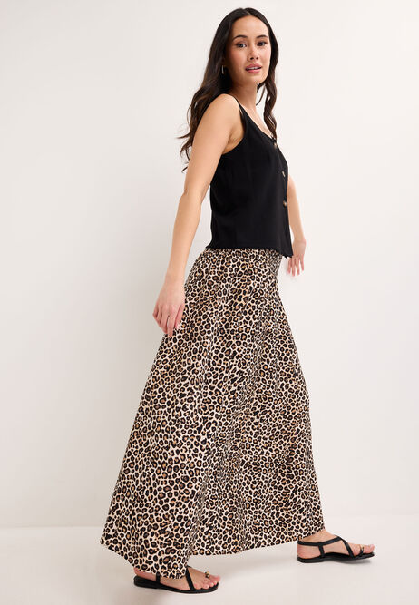 Womens Brown Animal Print Shirred Waist Skirt