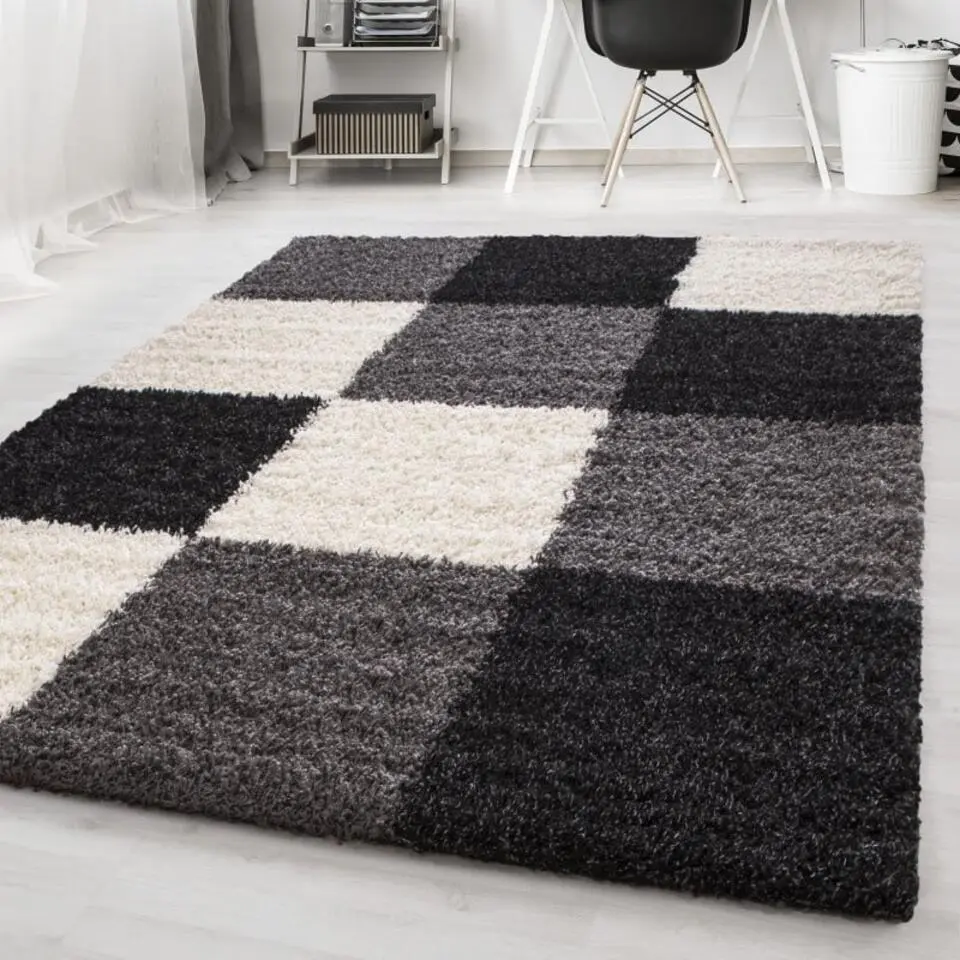 Basic Shaggy Geblokt vloerkleed Zwart / Wit Hoogpolig - 120x170 CM
