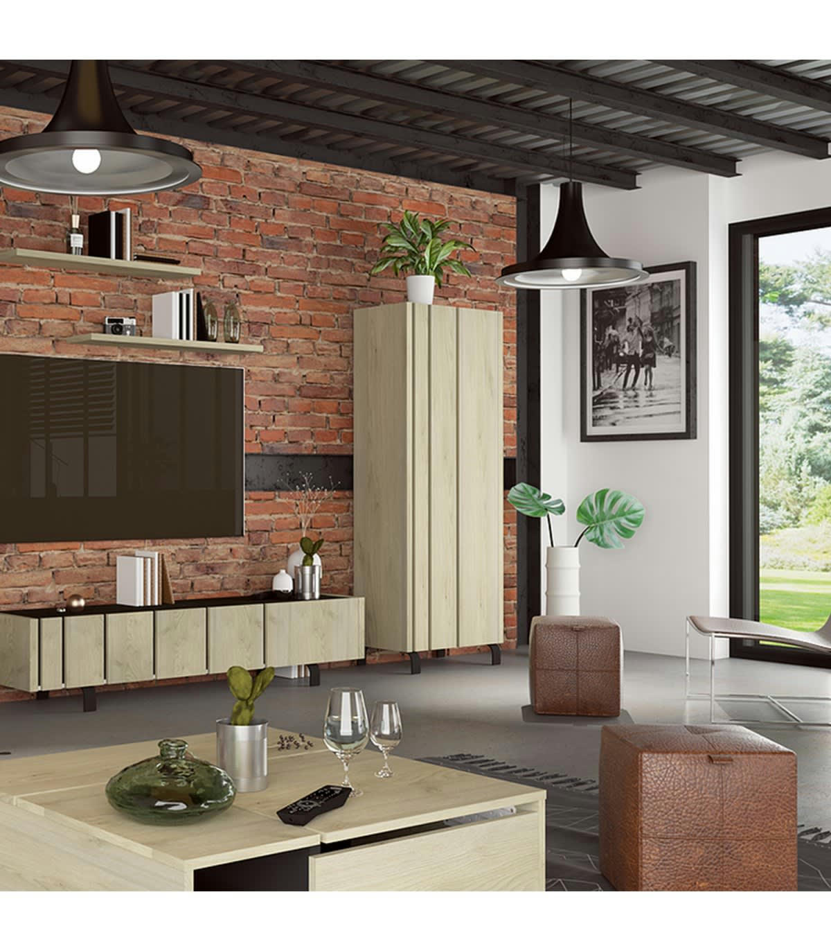 RUSH - Buffet haut 1 porte effet Chêne et intérieur Noir