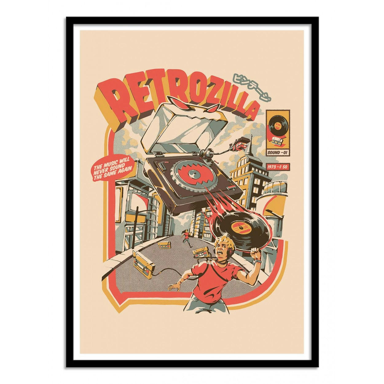 ILUSTRATA - RETRO SOUNDZILLA - Affiche d'art avec Cadre bois noir - 50 x 70 cm