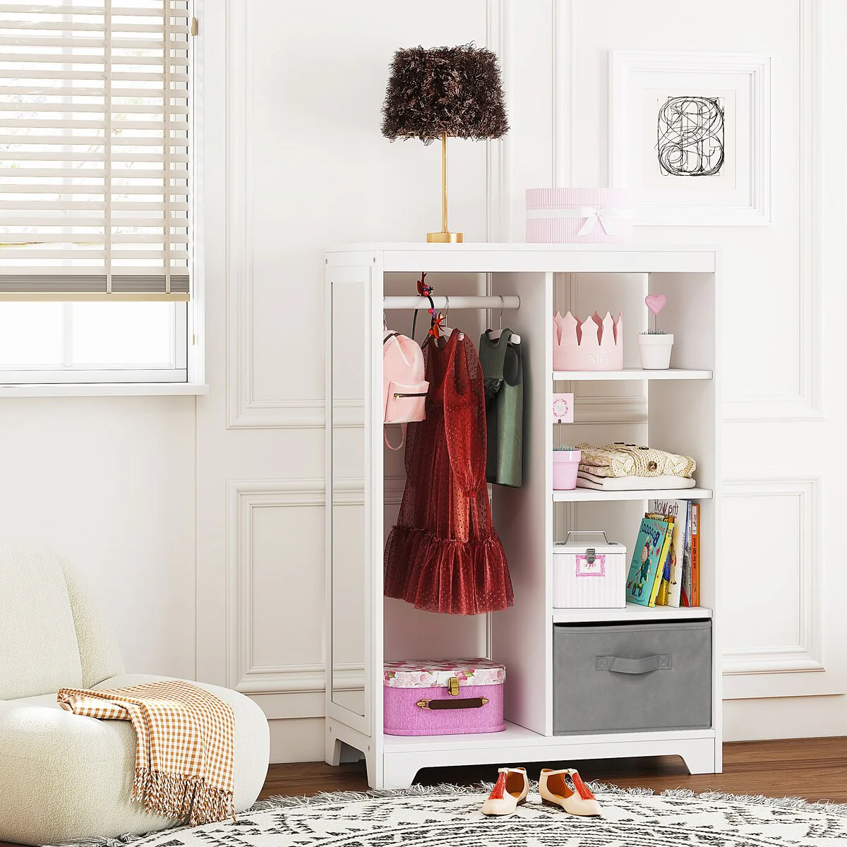 COSTARS Kids Dress up Storage with Mirror and Storage Bin,Play Armoire Dresser with Mirror, Pretend Storage Closet