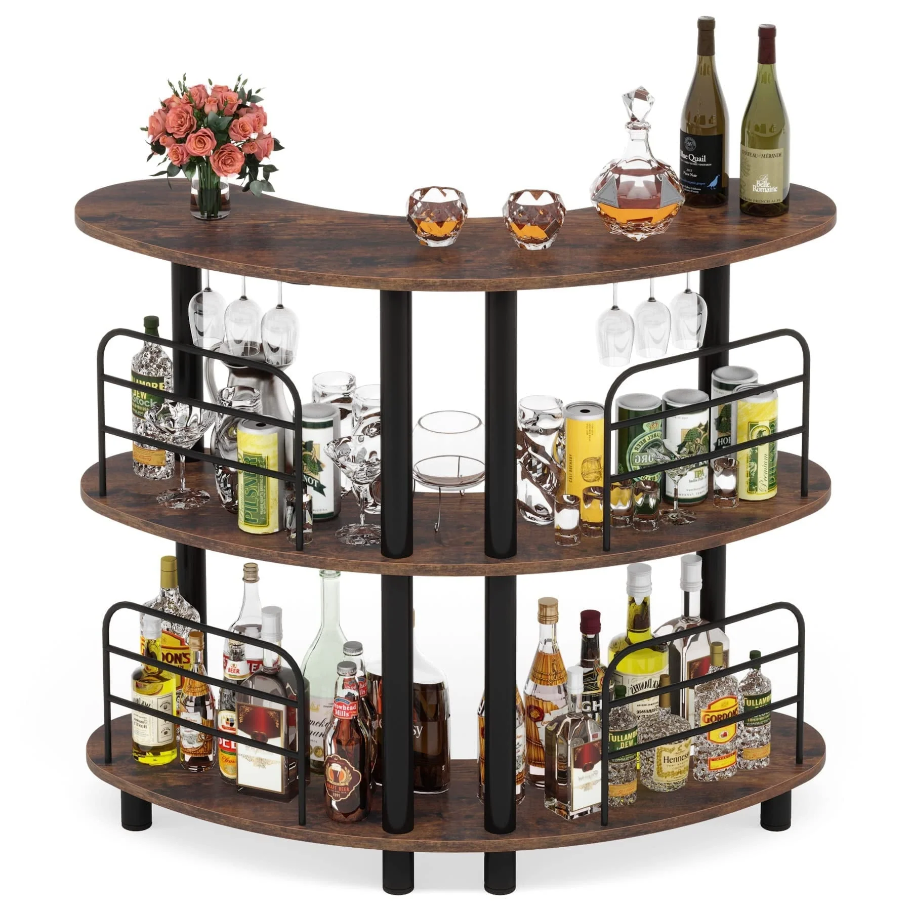 Bar Unit for Liquor, 3 Tier Bar Cabinet with Storage Shelves, Corner Bar Table with Wine Glasses Holder for Home/Kitchen/Bar/Pub