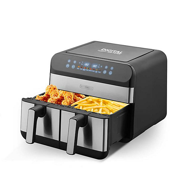 Kitchencook - Friteuse Sans Huile Avec Deux Cuves - 9 Litres - 2400w - 8 Programmes - Minuterie - Thermostat Réglable - Inox