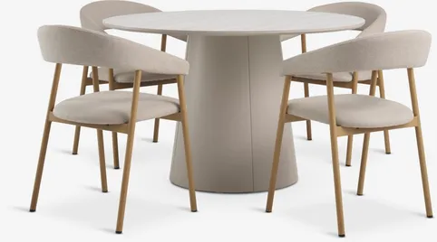 KLIPLEV Ø120 bord natur eg + 4 EJSING stole beige/natur eg