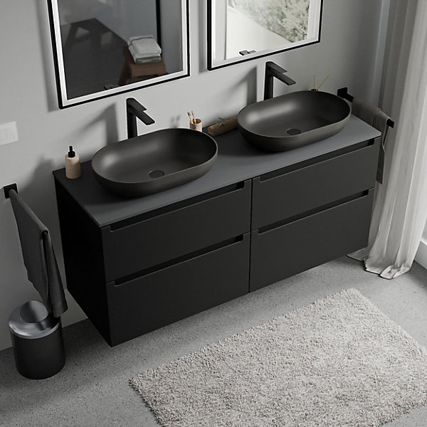 Meuble sous vasque suspendu MDF Noir mat, plan vasque Anthracite mat, tiroirs pivotants - 140x46x62cm - VIREO