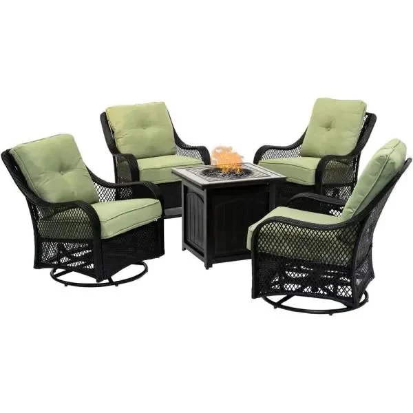 5-Piece Steel Patio Fire Pit Conversation Set with Navy Blue Cushions, Swivel Gliders and Square Fire Pit Table(Red)