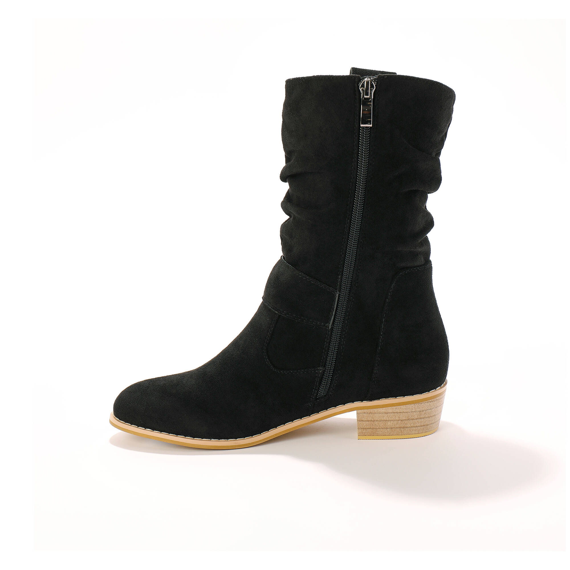 Bottes mi-hautes plissées à petit talon effet bois