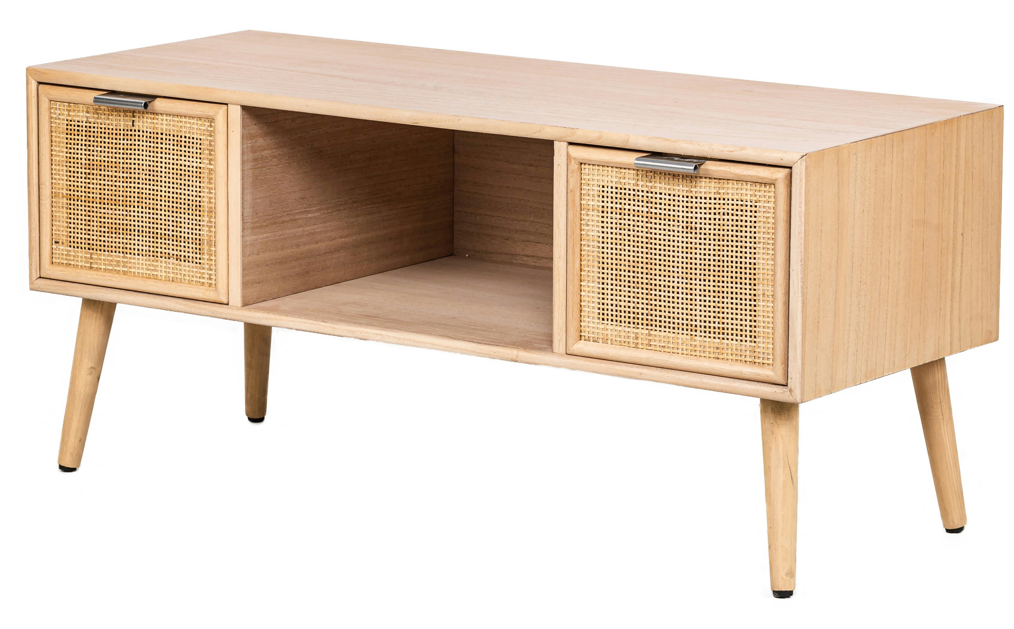 - Meuble TV 2 tiroirs en bois et rotin