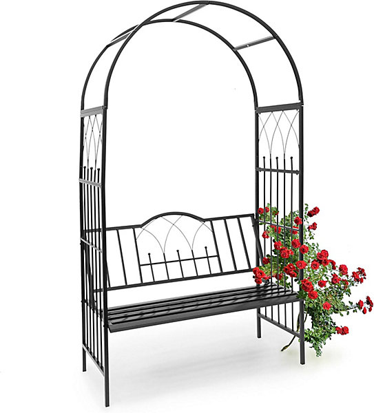 Arche à rosiers avec banc 2 places Arceau de jardin décoratif en métal noir 203 cm