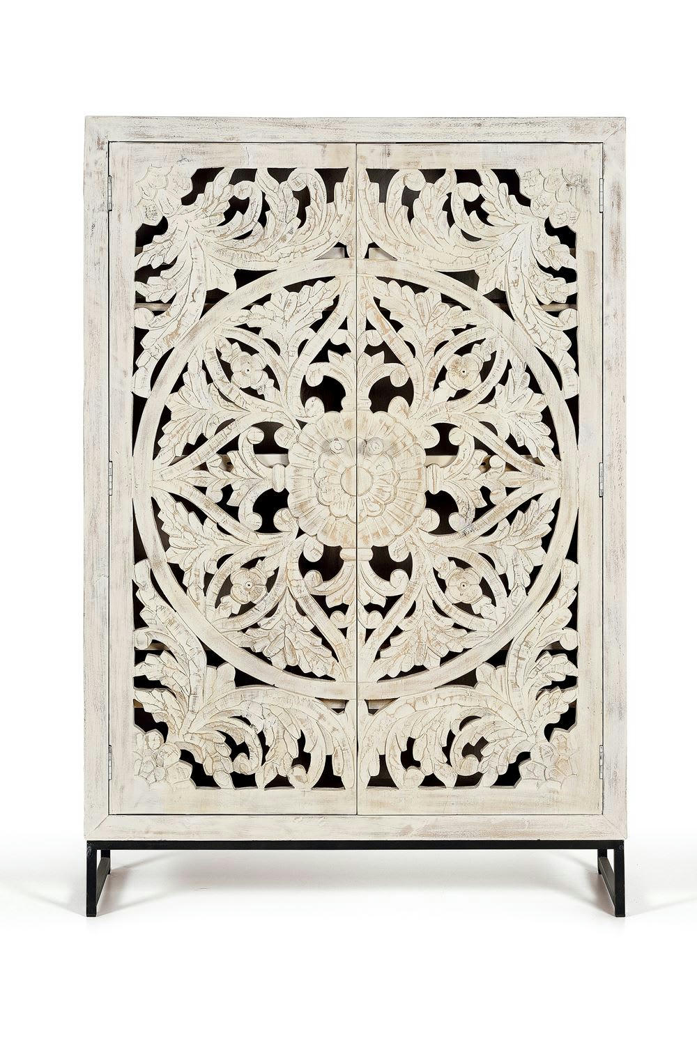 MYKONOS - Vitrine en manguier et pieds en métal blanc vieilli