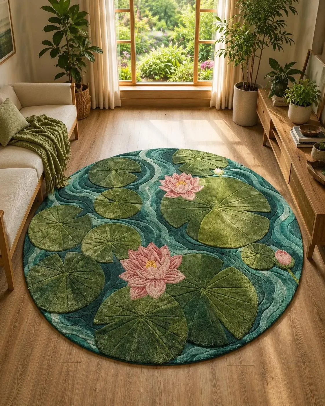 Hand Tufted Wool Pond Rug, Water Lily Lotus Carpet, Nature Inspired Living Room Decor