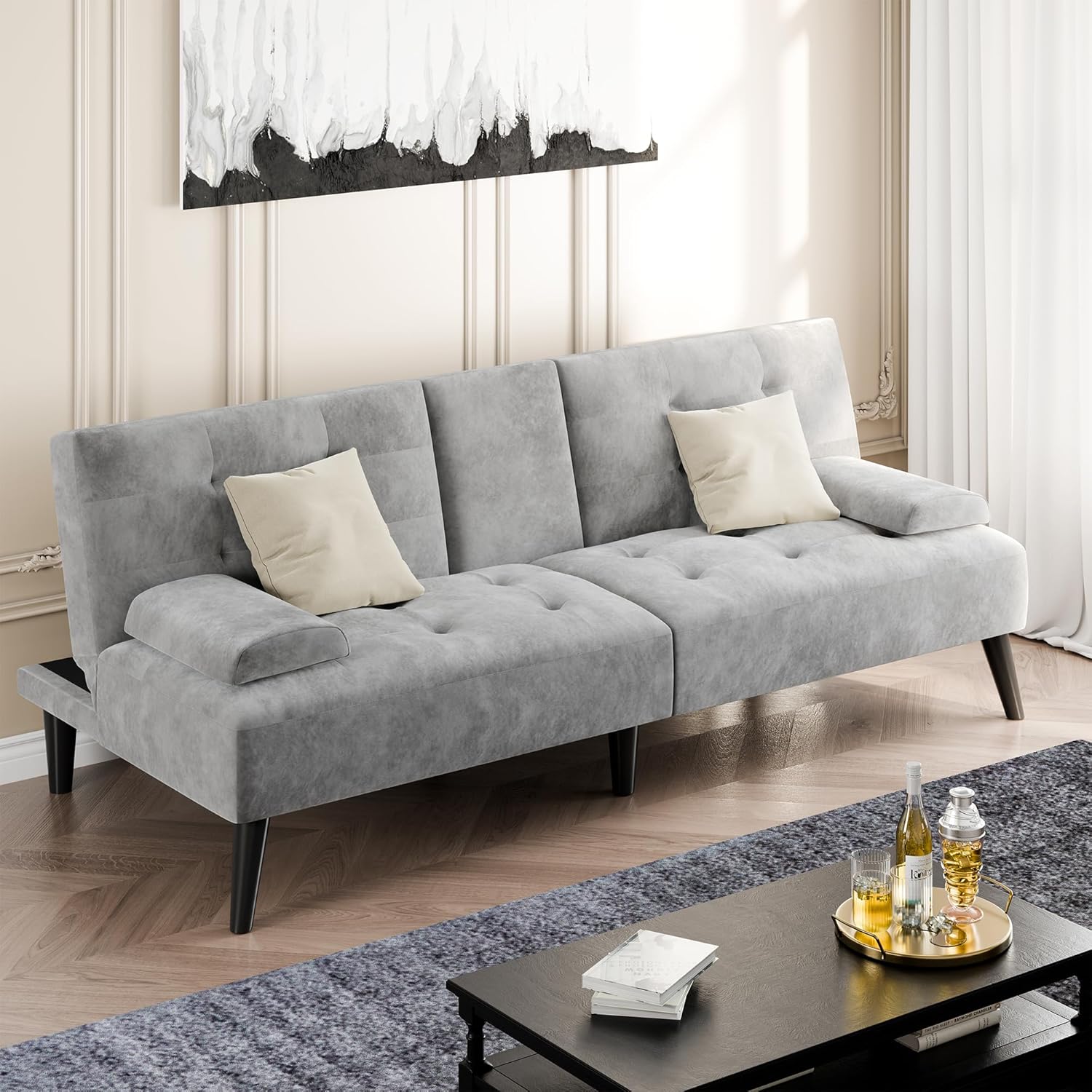 Shintenchi Futon Sofa Bed, Velvet Foldable Couch, Reclining Sleeper with Removable Armrests, Upholstered Loveseat Sofa Couch with Folding Cup Holders for Home, Office, Light Gray