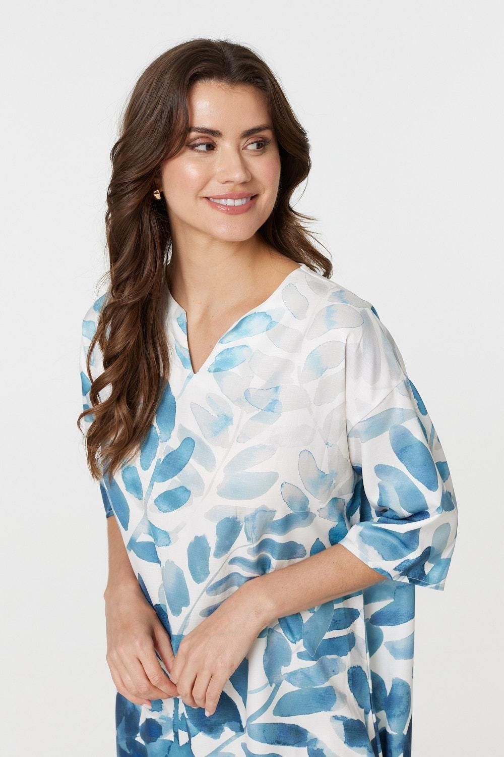 Izabel London Leaf Print 3/4 Sleeve Relaxed Shift Dress