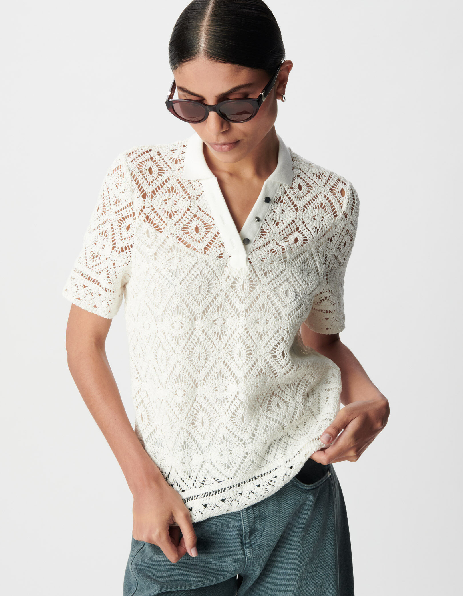Top blanc tricot crochet col polo Femme