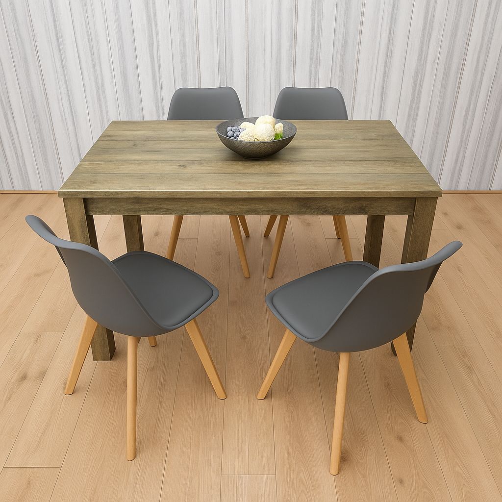 KOSY KOALA Modern Rustic Effect Wood Dining Table Set With 4 Grey Plastic Chairs Dining Furniture Set