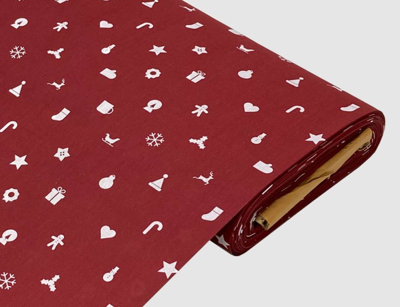 Dekostoff Weihnachtssymbole Rot, Weiß