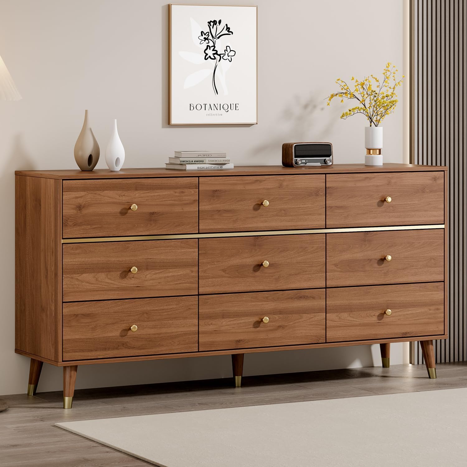 9 Drawer Dresser,63 Wide Mid Century Modern Chest of Drawers,Wooden Bedroom Drawer Dresser with 9 Storage Drawers for Bedroom, Living Room,with Anti-Tipping Device,Walnuts