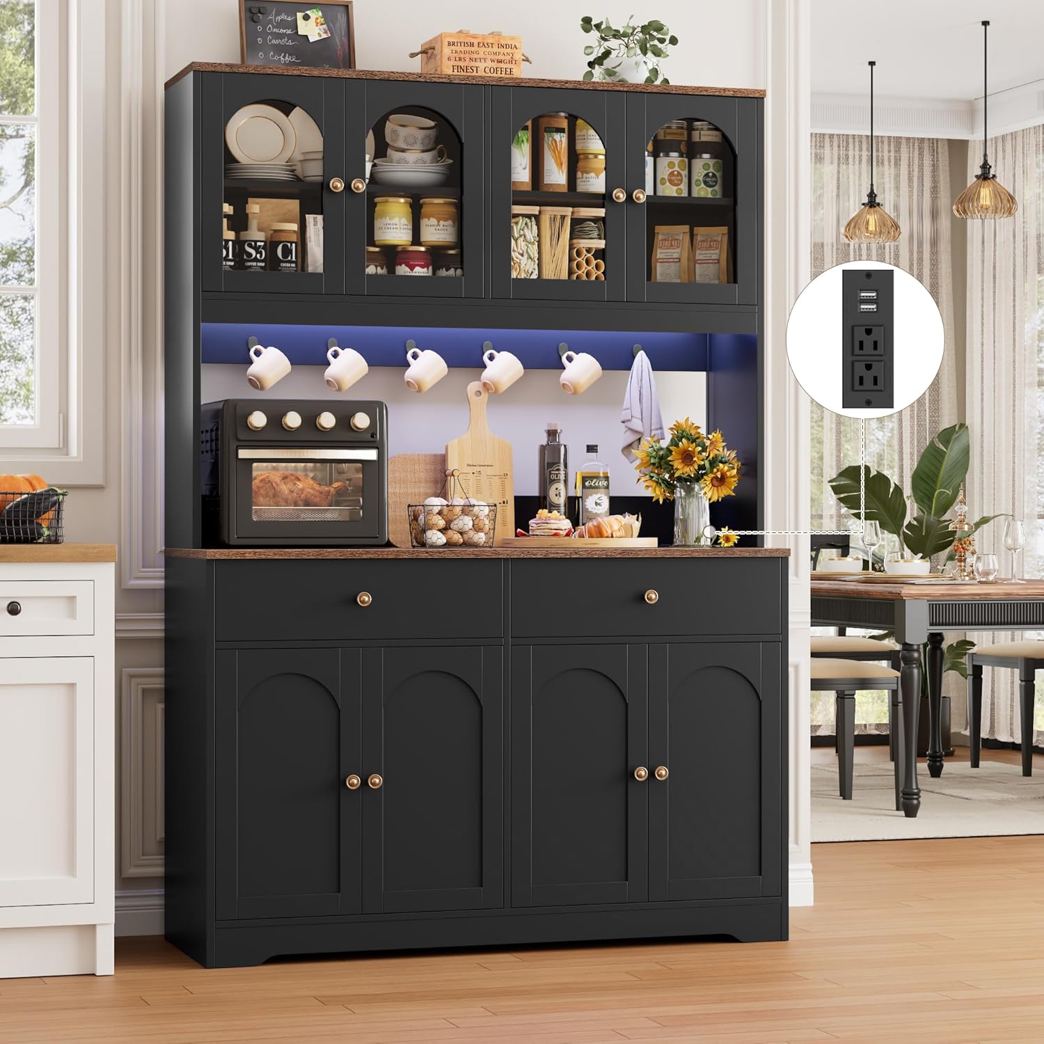 HIFIT 71 LED Kitchen Pantry Cabinet with Power Outlet, Large Kitchen Hutch Storage Cabinet with Arched Door & Shelves & 2 Drawers, Tall Farmhouse Coffee Bar w/Hutch for Home Dining Living Room, Black