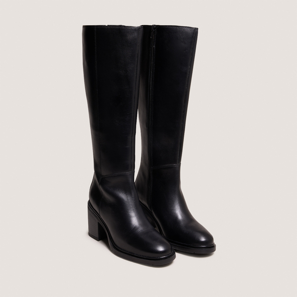 Bottes à talons et à bouts rondsen cuir noir | ATILUS