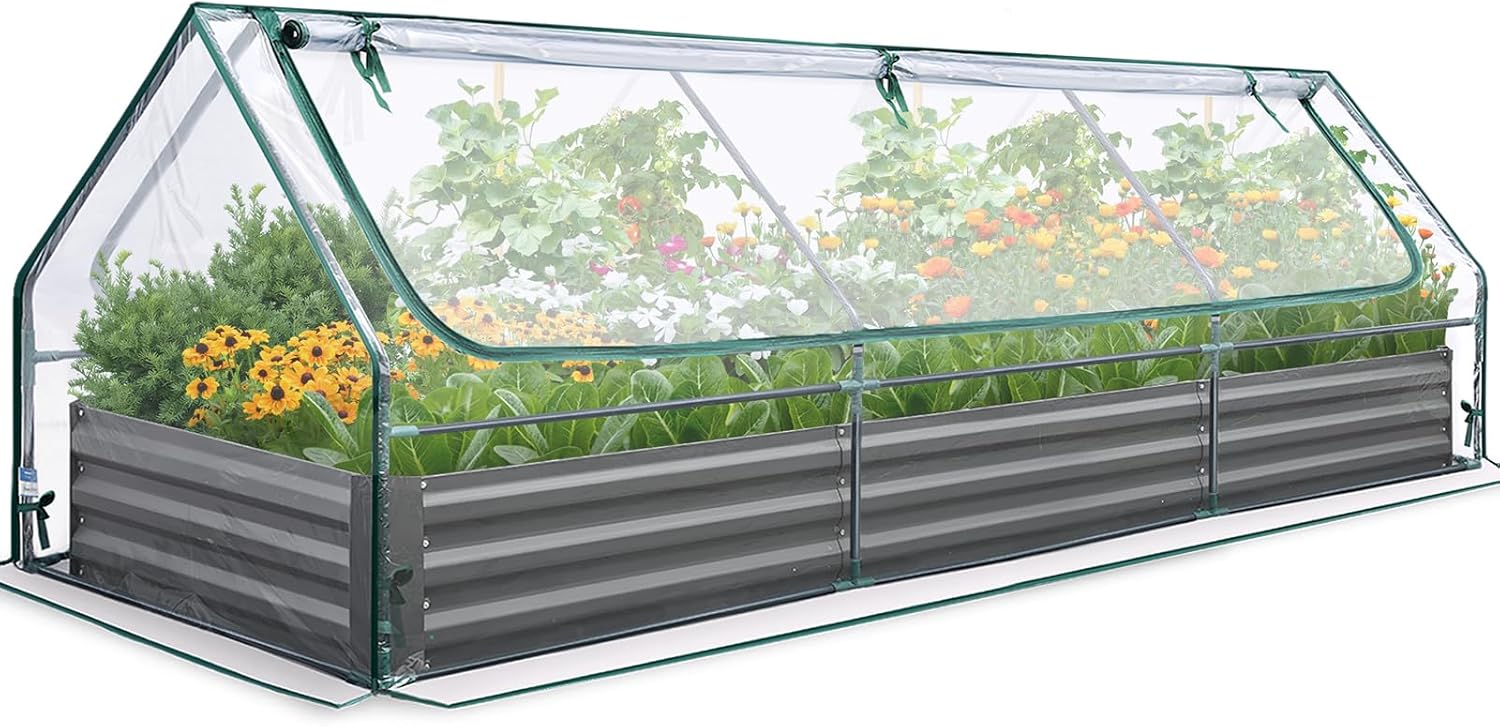 Raised Garden Bed Galvanized Raised Beds for Gardening Vegetables with Cover 8x4x1 ft Metal Planter Box Outdoor Use (Clear)