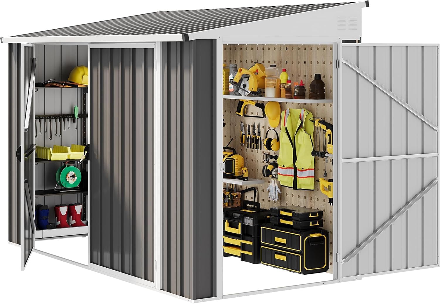 DWVO 8x4 FT Outdoor Weatherproof Storage Shed  Secure Metal Bike Shed w/Lockable Entry  Garden Storage Solution for Lawn Equipment  Tools  Waste Bin  Dark Gray
