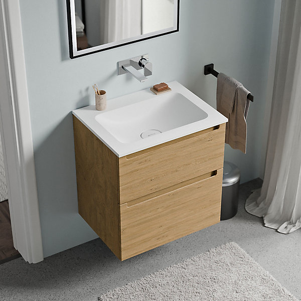 Meuble vasque suspendu MDF Chêne miel, lavabo fonte Blanc mat sans trou robinet, tiroirs pivotants - 60x46x62cm - VIREO