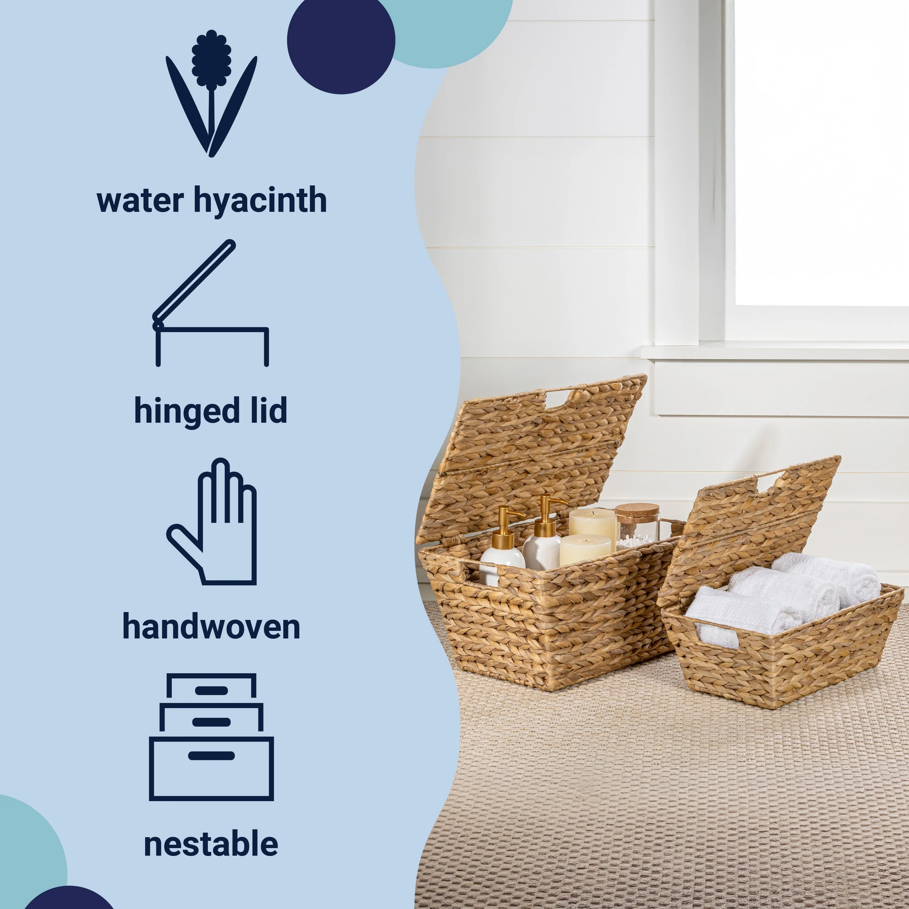 Hyacinth Rectangular Storage Baskets with Lids & Handles (Set of 2)