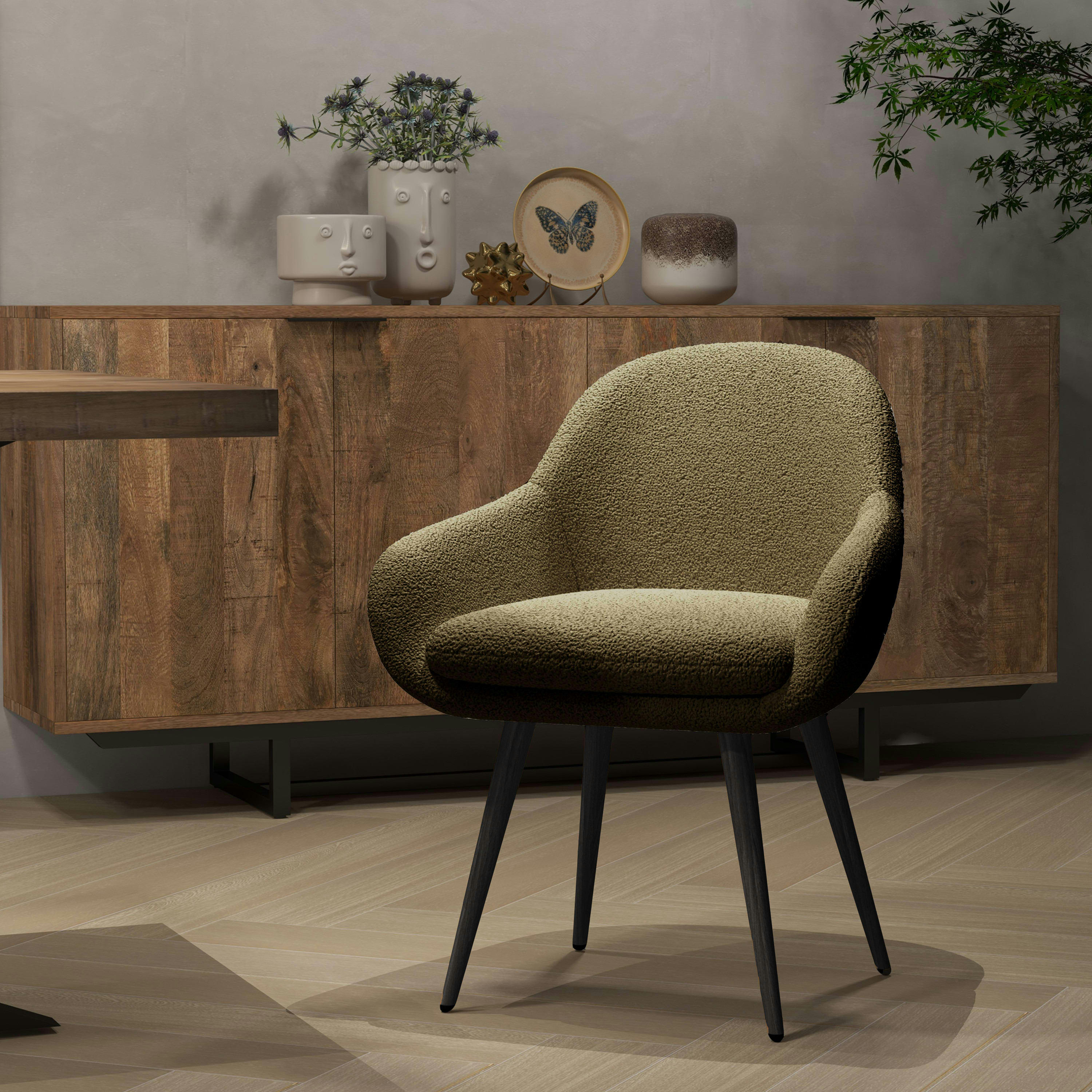 CANCUN - Chaise en tissu bouclette Army et pieds métal décor bois (x2)