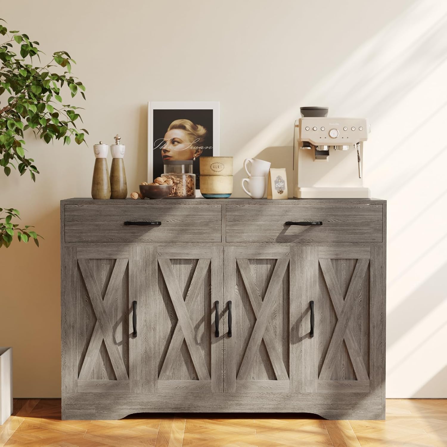 Sideboard Cabinet with Drawers, 47 W Sideboard Buffet Storage Cabinet with Storage for Kitchen, Farmhouse Coffee Bar Cabinets with Shlves and Doors for Hallway, Gray