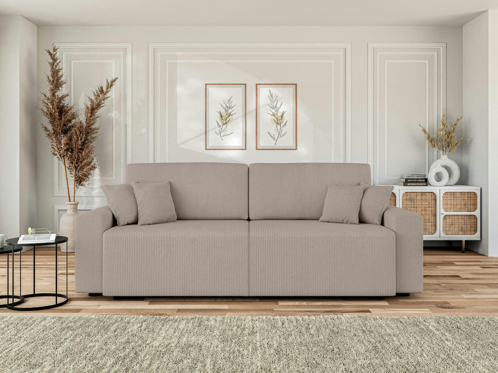 MILO - Canapé droit convertible en velours côtelé 3 places grège