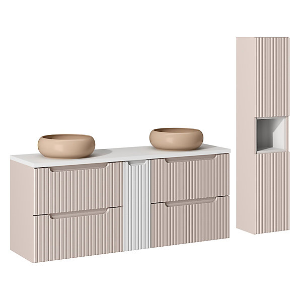 Ensemble meuble double vasque 140cm 4 tiroirs et colonne Riva Cachemire et Blanc