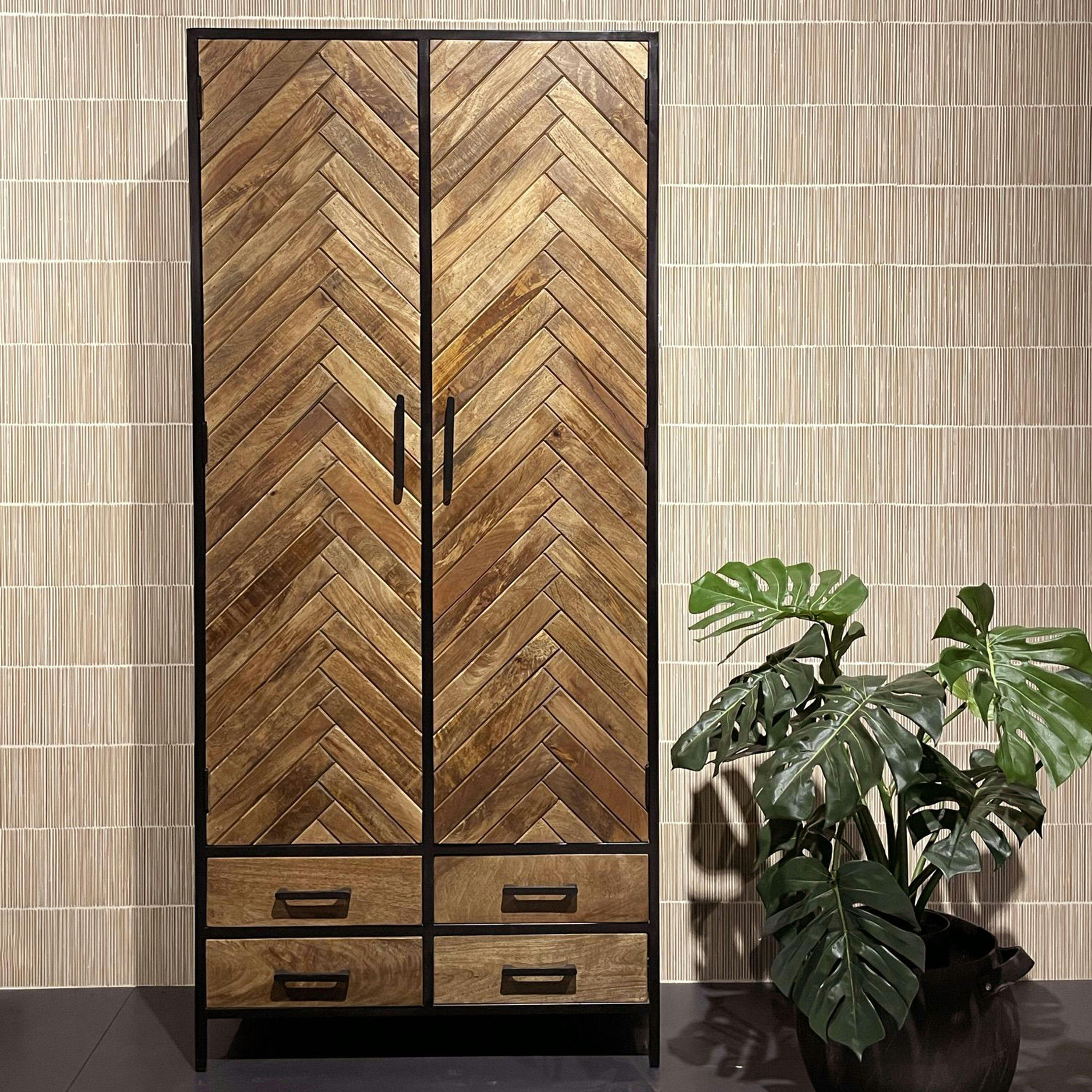 MADRAS - MADRAS-Buffet haut 2 portes, 4 tiroirs, Manguier massif et métal noir