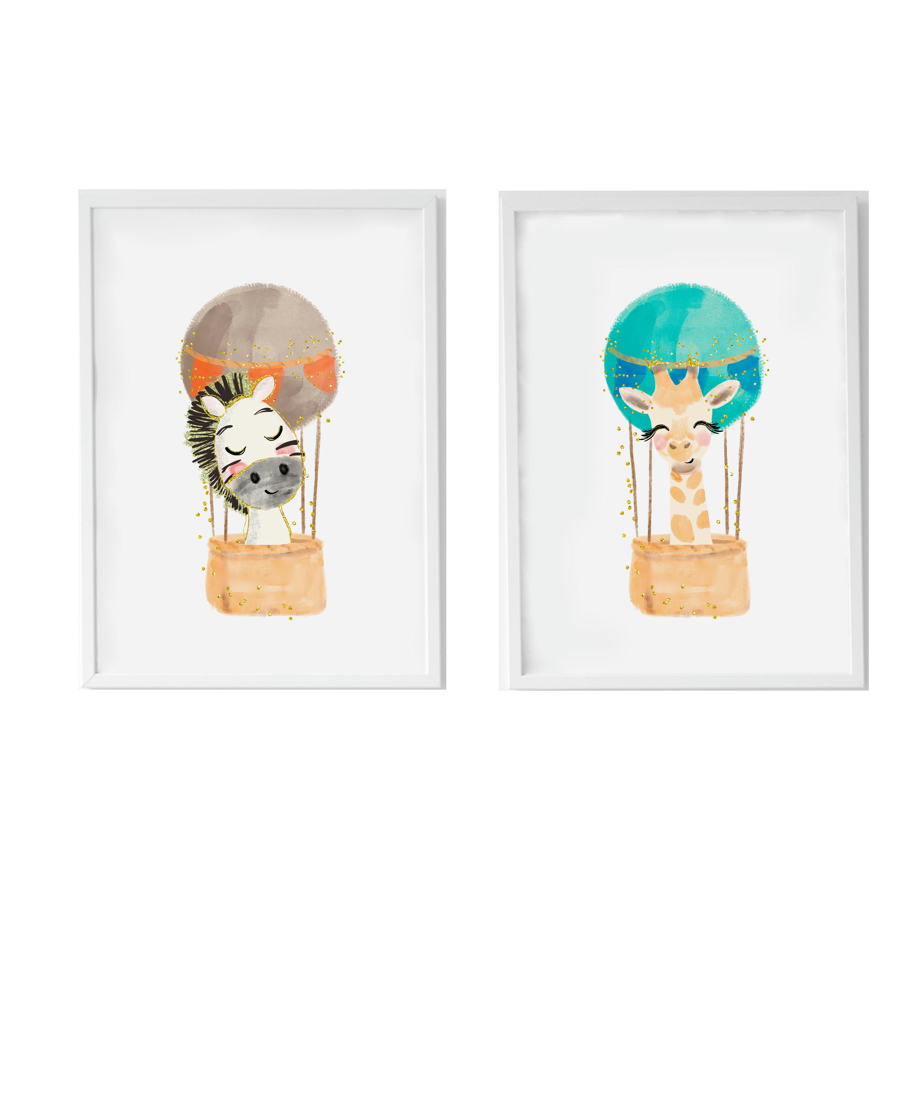 DECOWALL - Pack encadré bois blanc impression le zèbre ballon et girafe 43X33 cm