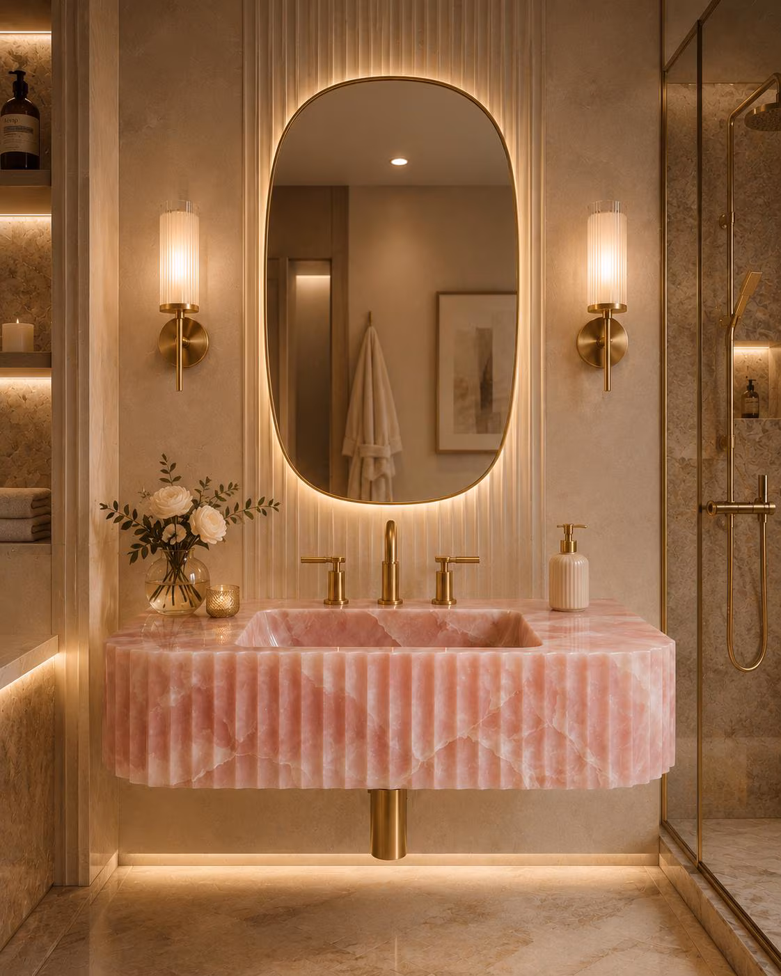 Pink Onyx Wall-Mounted Sink | Fluted Floating Stone Sink | Luxury Rose Onyx Bathroom Sink | Handcrafted Natural Stone Vanity