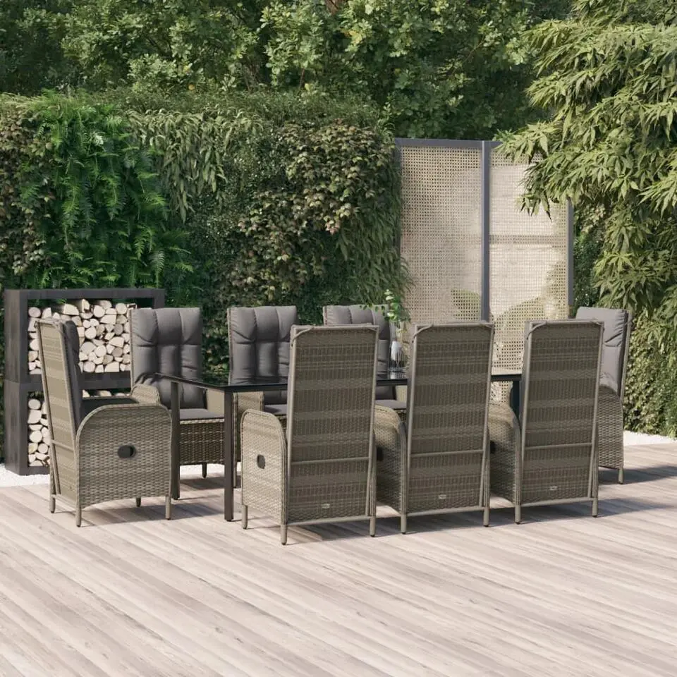 vidaXL - 9-delige Tuinset met kussens - Grijs - PE-rattan en glas - 200x80 cm
