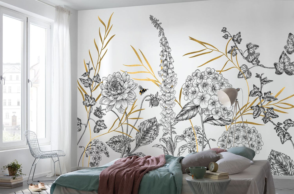 Sanders & Sanders fotobehang bloemen zwart wit en goud - 400 x 280 cm - 612472