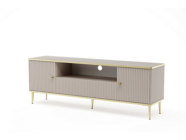 Meuble TV avec 2 portes, 1 tiroir et 1 niche en MDF et acier - Beige et doré - SINEAD