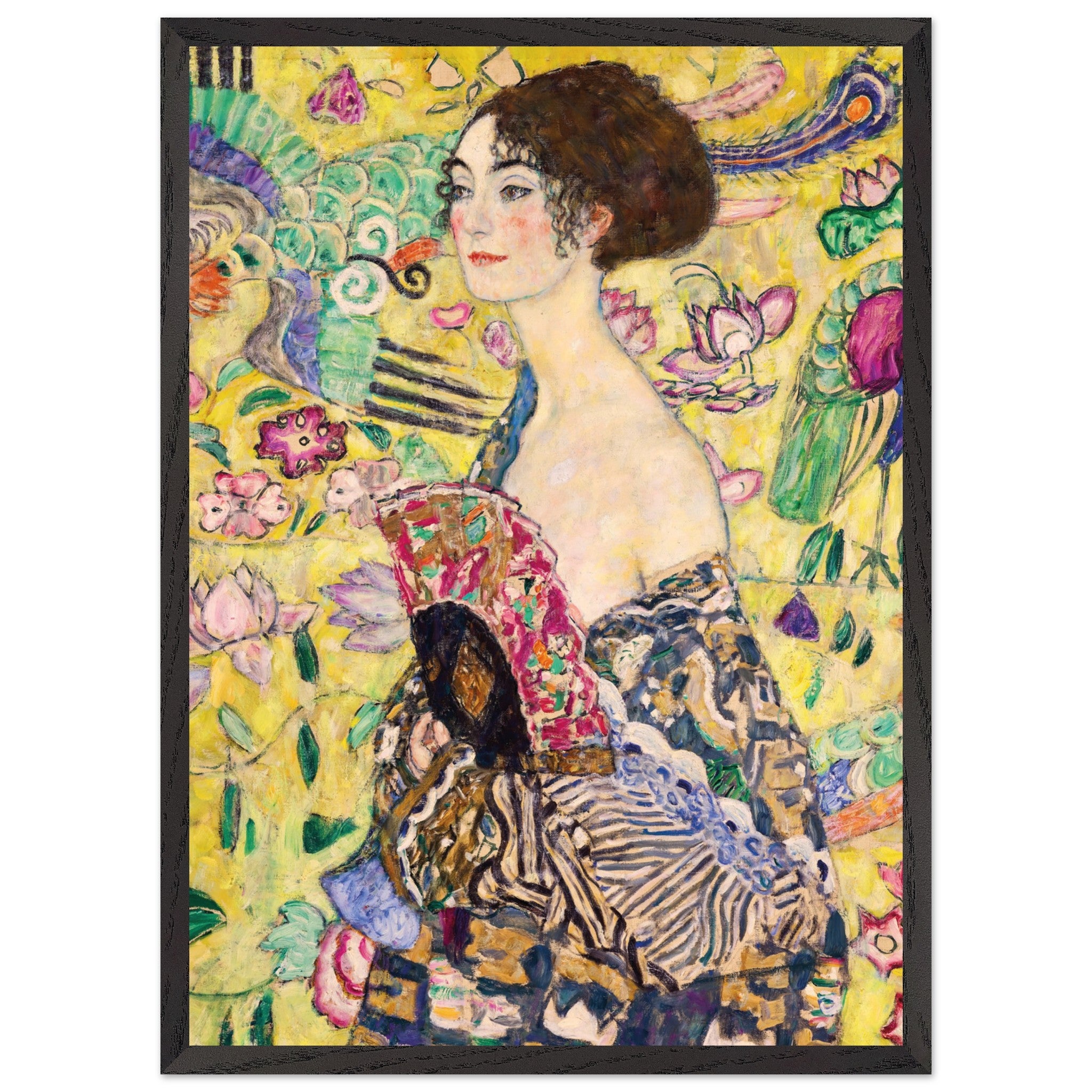 Artfulprints Poster met Lijst Gustav Klimt - Lady with a fan  - 50x70 cm - Geel