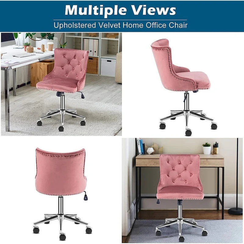 VINGLI Pink Velvet Office Chair with Wheels