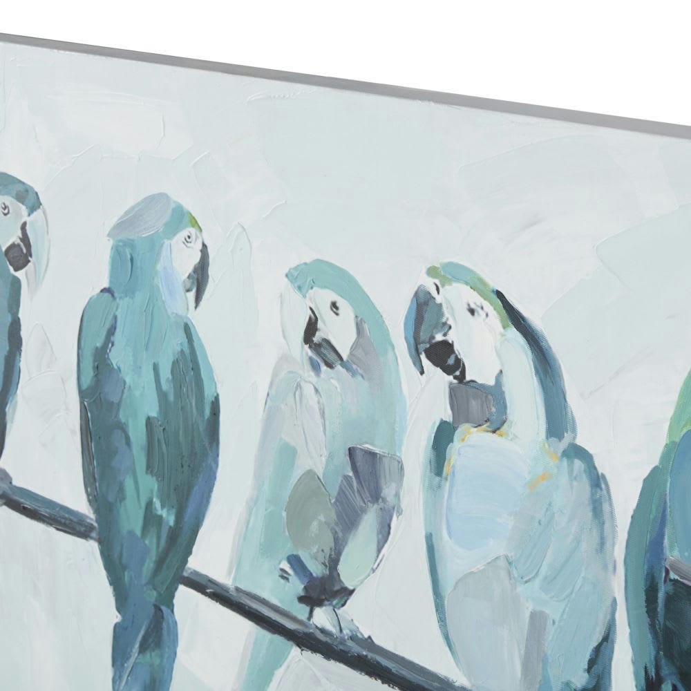 VERDIER - Toile peinte perroquets bleu clair, blancs et gris 150x55
