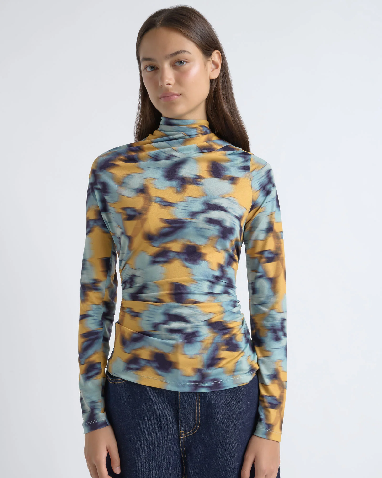 Blurred Floral Gathered Long Sleeve Top
