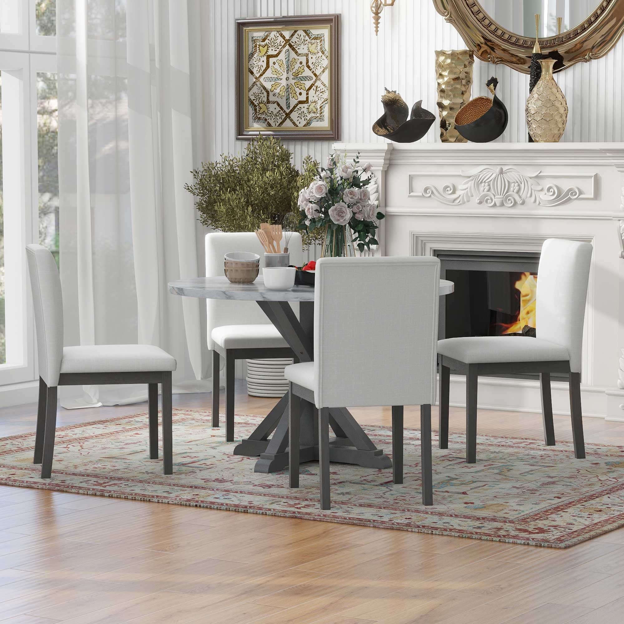 White+Gray 5-Piece Wooden Dining Table Set with Faux Marble Top & 4 Chairs