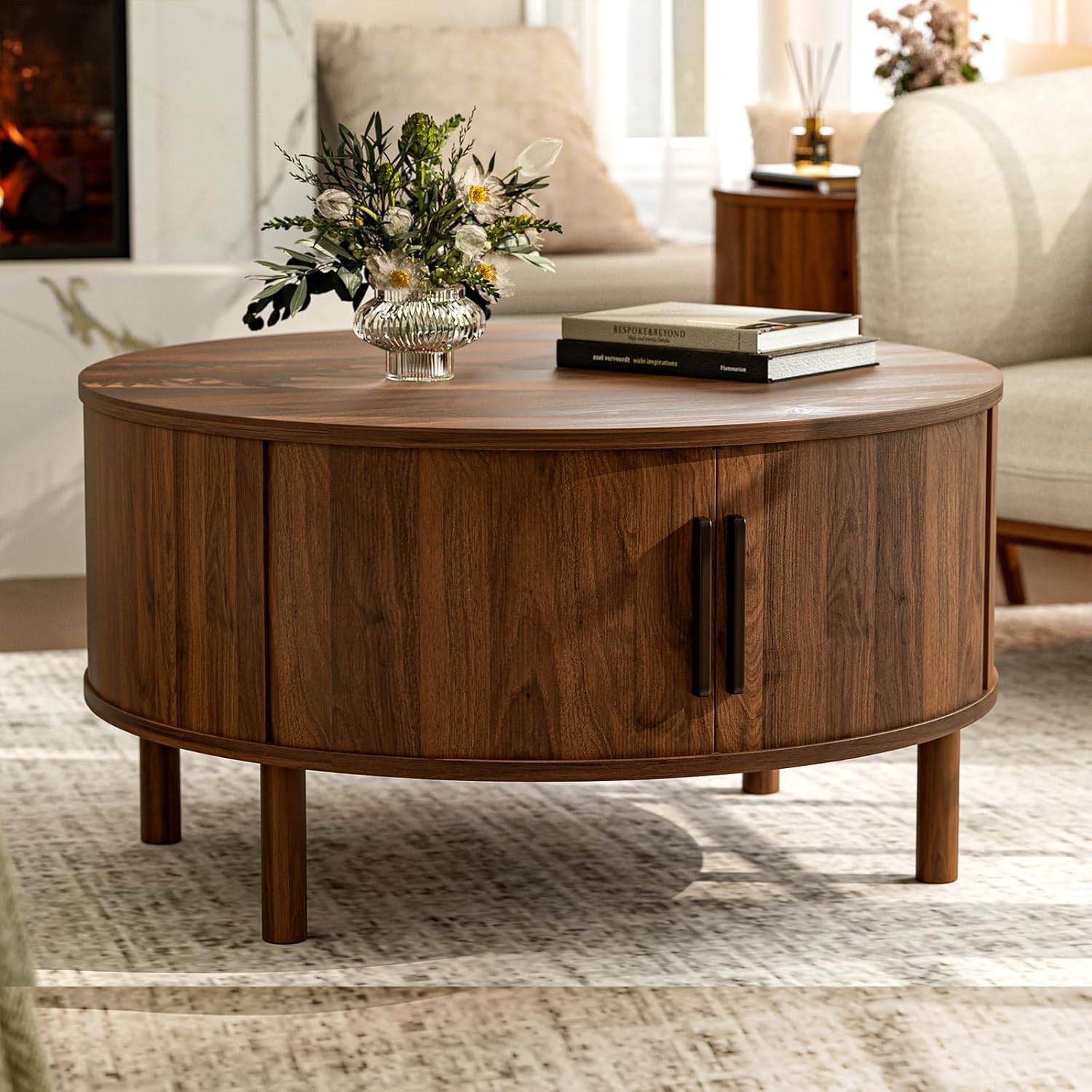 ZttRiee Coffee Table for Living Room, Modern Round Coffee Table with Cabinets & Sliding Doors, Home Small Space, 29.9 Fluted Center Table, Walnut